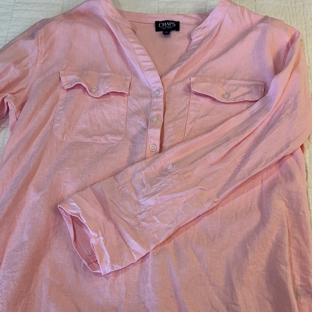 Chaps Tunic Linen Blend Long Sleeve Light Pink Button 3/4 button down EUC - Picture 8 of 8